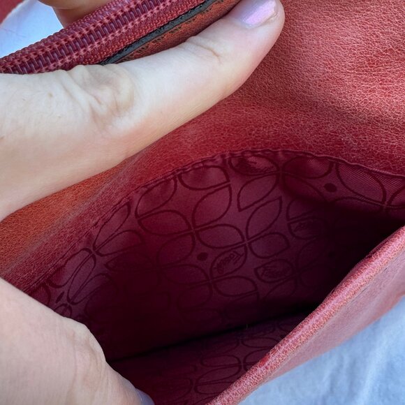Coral Red Pink Salmon Leather Fossil Crossbody Purse - Picture 6 of 12